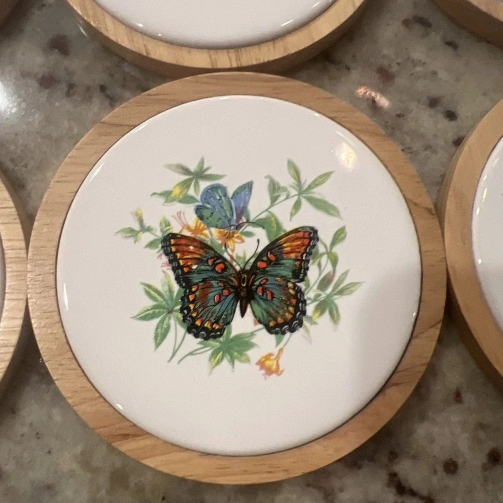 Butterfly Coasters Wood Ceramic Monarch 6‎ Designs Cottage NEW old stock